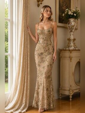 NWOT House Of Cb Hand Beaded Corset Gown Olive Gold Naima Small Evening Sequin S